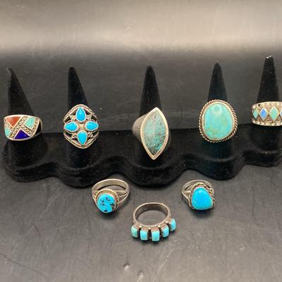 Collection Of Eight Turquoise STERLING SILVER  66 g TOTAL