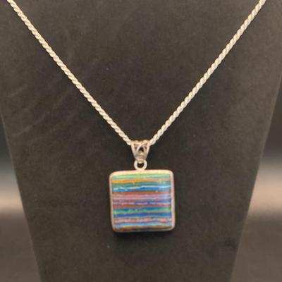 Sterling Silver Mexico, Rainbow CALSILICA Pendant On 20 Inch Necklace 33 g total