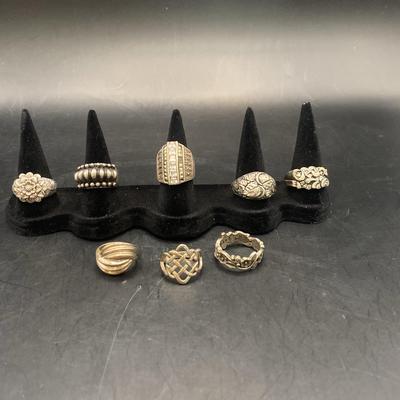 Collection Of Eight STERLING SILVER Rings, Dome, Floral, CZ 55.3 g total
