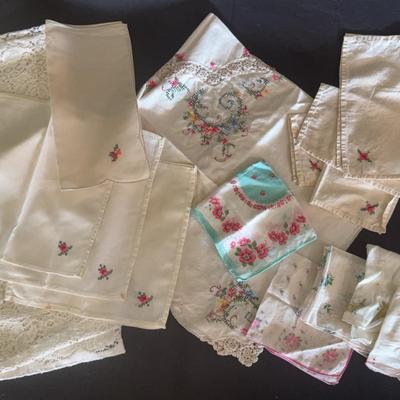 Lot Of Floral Embroidered Linens And Vintage Handkerchiefs