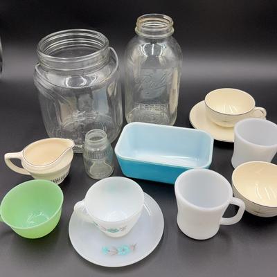 Vintage Jars/Dishes, Pyrex, Fire King Teacup & Saucer, Coffee Mug (2), Tea Cup (2) & Saucer, Creamer