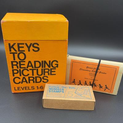 Vintage Educational Set Of Reading Picture Cards, Number Stamps And Games