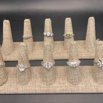Collection of 8 CZ Gemstone Rings Sterling Silver 36.6 grams