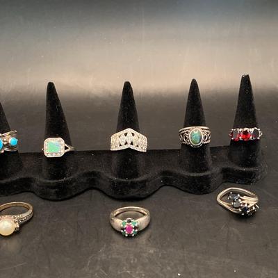 Collection of eight STERLING SILVER rings, Opal turquoise 43 g total