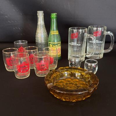 Vintage Schlitz Beer Mugs, Lone Star Shot Glasses, Amber Glass Ashtray, Vintage Soda Pop Bottles