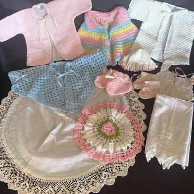 Lot of Vintage Baby Sweaters, Crocheted Ponchos, Booties, Doilies And Tea Towel