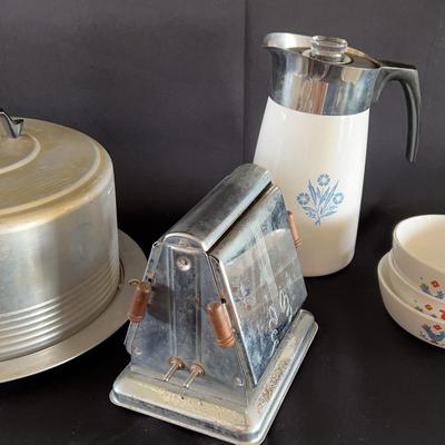 Corning Ware percolator and three sauce pots, Aluminum Cake Carrier, Vintage Kenmore toaster