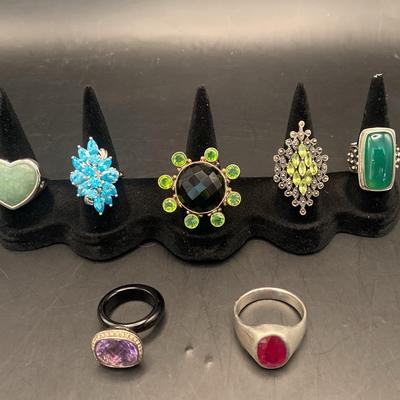 Lot Of Eight Sterling Silver Jade, Amethyst, Green Large Stone Sterling Silver Rings 78 grams total