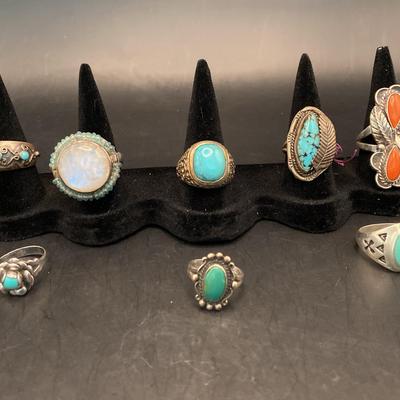 Collection of eight Sterling Silver rings, moonstone, turquoise, coral 59 g total
