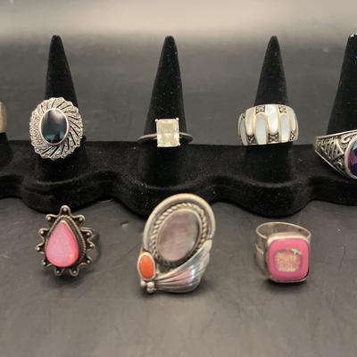 Collection of 8 pink CZ flower sterling silver rings 60.3 g total