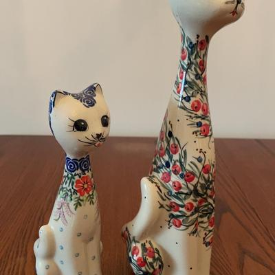 Pair of Polish Pottery Hand Painted Cats