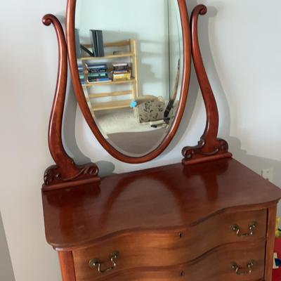 Antique Three Drawer Serpentine Front Dresser With Mirror