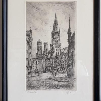 F.J. Dietrich - Marienplatz in Munich - Framed Signed Etching