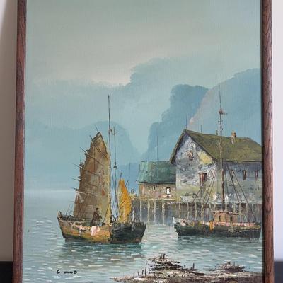 C. Wood - Signed Abstract Chinese Junk Seaside Canvas Painting