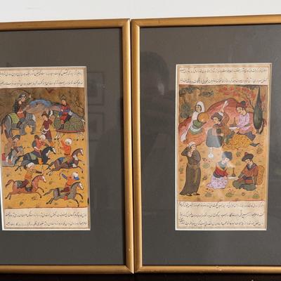 Pair of Framed Persian Gouache Battle Scene Manuscript Paintings