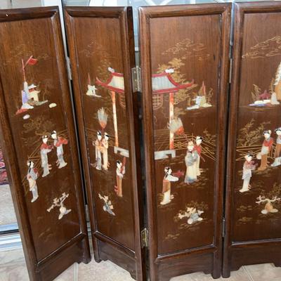 Four Panel Asian Screened With Carved Stone Detail