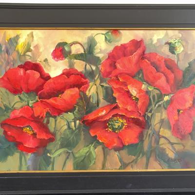 G. Perkins - Signed Framed Colorful Poppy Canvas Painting