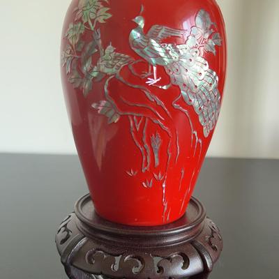 Red Brass Vase With Mother Of Pearl Inlay Design