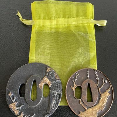 #2 Pair of Japanese Bronze Tsuba Samurai Sword Guards Samurai & Old Tree