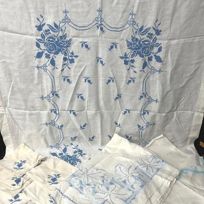 Blue Hand Embroidered Vintage Linens