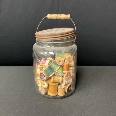  Vintage Glass Jar with Wooden Spools