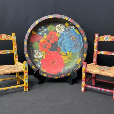 Vintage Folk Art Doll Chairs & Handpainted Bowl