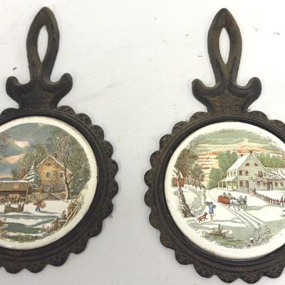 Sale Photo Thumbnail #58: Cast Iron Tile Trivet Featuring Farmer’s Home-Winter & Homestead Winter Prints By Currier & Ives