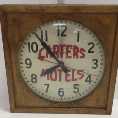 Sale Photo Thumbnail #7: Vintage General Electric “Carter’s Motels” Electric Advertising Wall Clock | Mid‑Century Wood Frame