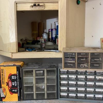 Shelf Of Garage Tools And 3 Hardware Organizers