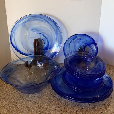 Vintage Alabaster Art Glass, Cobalt Blue Swirl Plates And Bowls
