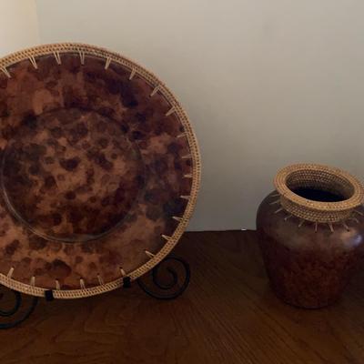 Pier One Decorative Plate And Pottery With Wicker Edges 