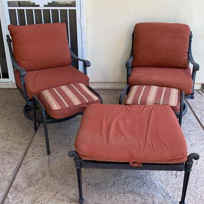 Two Metal Outdoor Chairs With Footrests And Ottoman