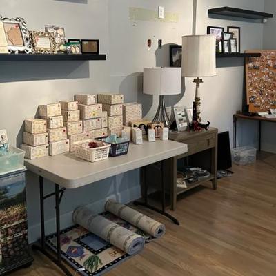 Vintage Precious Moments, large amount of picture frames as well as large portrait frames, rugs including a ruggable rug. 