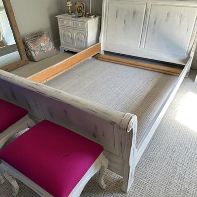 Distressed solid wood Queen Bed Frame, matching night stands and 2 matching stools available. 