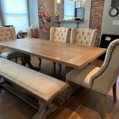 Z Gallerie Archer Dining Room table with 4 chairs and bench and 2 table leaves- Table is 78" wide without leaves. Can be extended to...