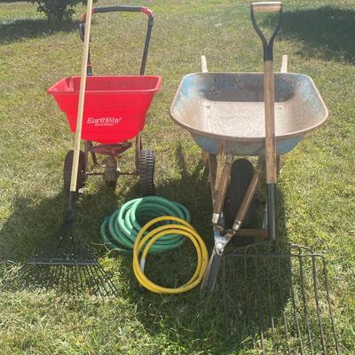 Fertilizer Spreader, Wheelbarrow, Hoses & Rakes
