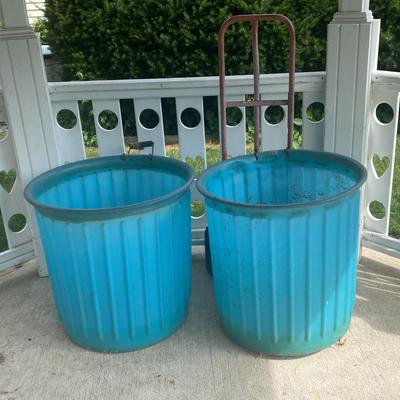 (2) Large Plastic Barrels and Hand Truck