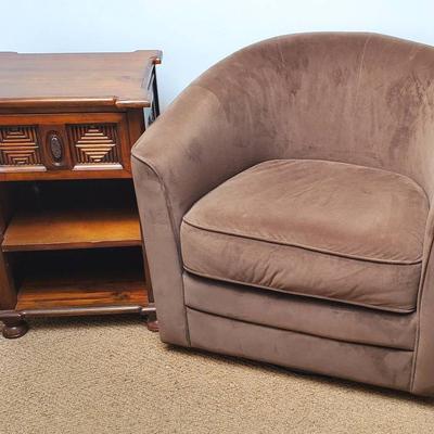 Brown Velour Swivel Chair and Pier 1 Cabinet 