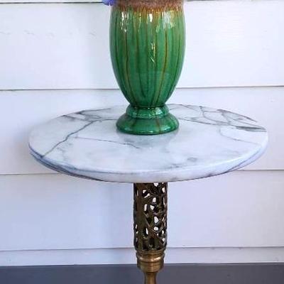 Marble and Brass Side Table with Vase of Flowers 