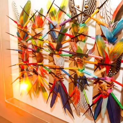 “Ko-Ho-Jo with Hardwood,” David McCarthy

Mixed media in shadow box: angled-cut inlaid wood, african porcupine quills, pheasant feathers,...