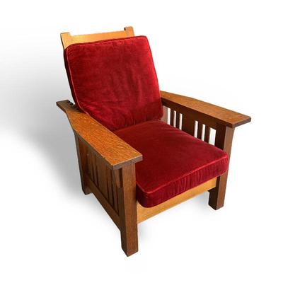 Mission Oak Morris Chair, 1915
w/ re-upholstered mohair cushions