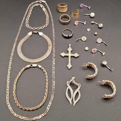 Large Sterling Silver Lot, Necklace, Rings, Bracelets, Earrings, Piercing Jewelry & More