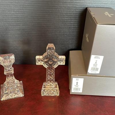 Waterford Crystal Celtic Cross + a Pair Of Lismore 6” Candlesticks 