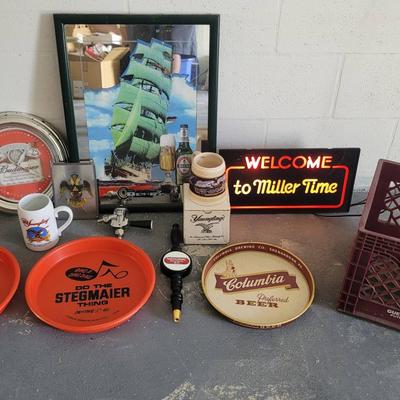 Barware Lot - Beer Tap, Trays, Lighted Sign, Yuengling Table Umbrella, Steins & More