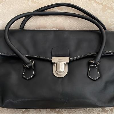 PRADA BR1253 Black Leather Shoulder Handbag Push Lock