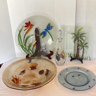 Tropical Decor Glass Bowls And Trays + Painted Decanter