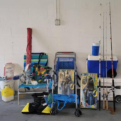 Huge Beach and Fishing Lot, Coolers, Fishing Poles, New Beach Chair & Umbrella & More