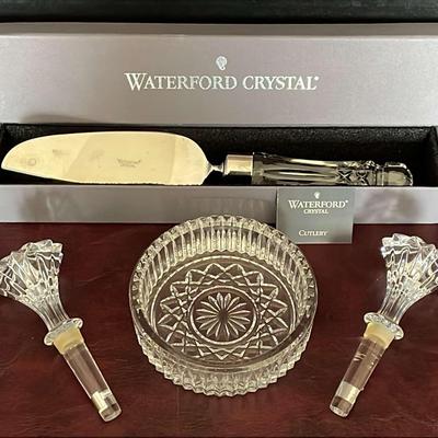 Waterford Crystal Cake Server, Bottle Coaster + 2 Wine Stoppers
