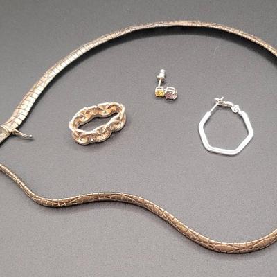 Sterling Silver Scrap Lot, Necklace, Ring, & Two Earrings 