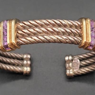 Chunky 14k Yellow Gold & Sterling Silver Bracelet with Amethyst Stones
